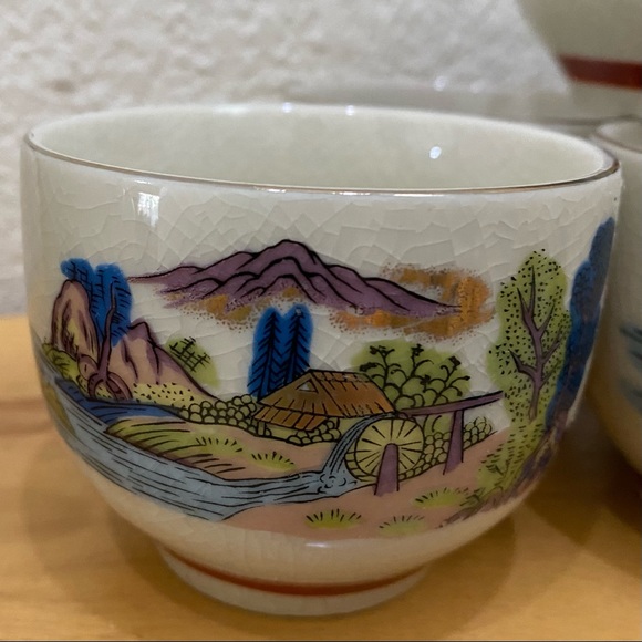 Vintage Japanese Kyusu Hand-painted Teapot Village Scene Teapot & 5 Cups Set - Picture 11 of 15